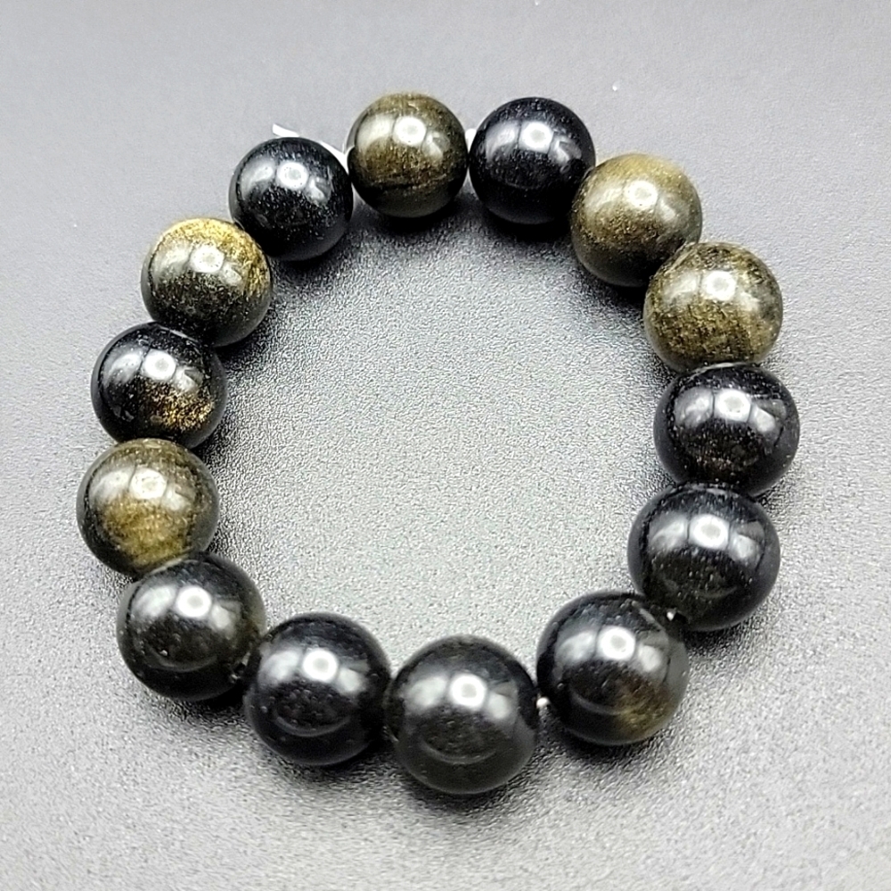 14mm Gold Sheen Black Obsidian Stretch Bracelet Size Gemstone Beaeded Size 6.5"